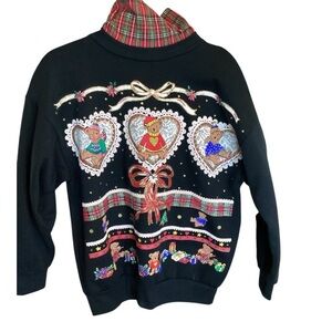 Festive Black Sweater with Tartan Cowl Neck